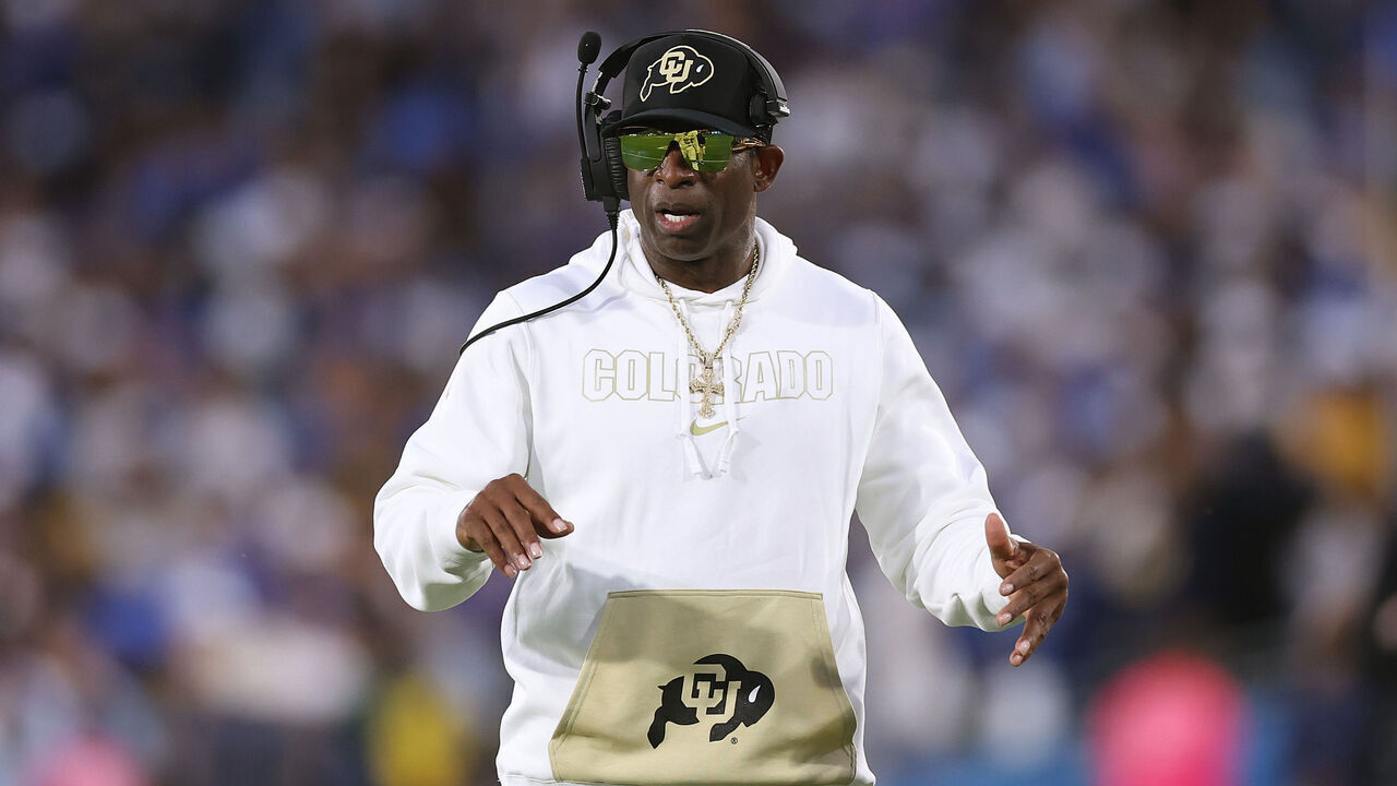 PASADENA, CALIFORNIA - OCTOBER 28: Head coach Deion Sanders of the Colorado Buffaloes looks on from the sidelines during the first half of a game against the UCLA Bruins at Rose Bowl Stadium on October 28, 2023 in Pasadena, California.