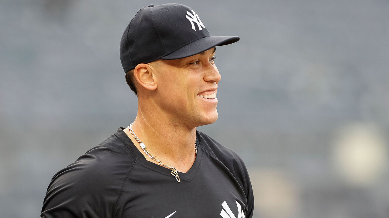 BRONX, NY - SEPTEMBER 22: New York Yankees right fielder Aaron Judge (99) smiles during batting practice prior to a regular season game between the Arizona Diamondbacks and New York Yankees on September 22, 2023 at Yankee Stadium in the Bronx, New York.