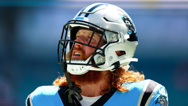 MIAMI GARDENS, FLORIDA - OCTOBER 15: Hayden Hurst #81 of the Carolina Panthers warms up prior to a game against the Miami Dolphins at Hard Rock Stadium on October 15, 2023 in Miami Gardens, Florida.