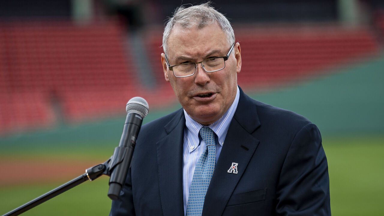 BOSTON, MA - SEPTEMBER 17: American Athletic Conference Commissioner Michael Aresco speaks during a press conference announcing The Fenway Bowl college football bowl game series beginning in 2020 on September 17, 2019 at Fenway Park in Boston, Massachusetts.