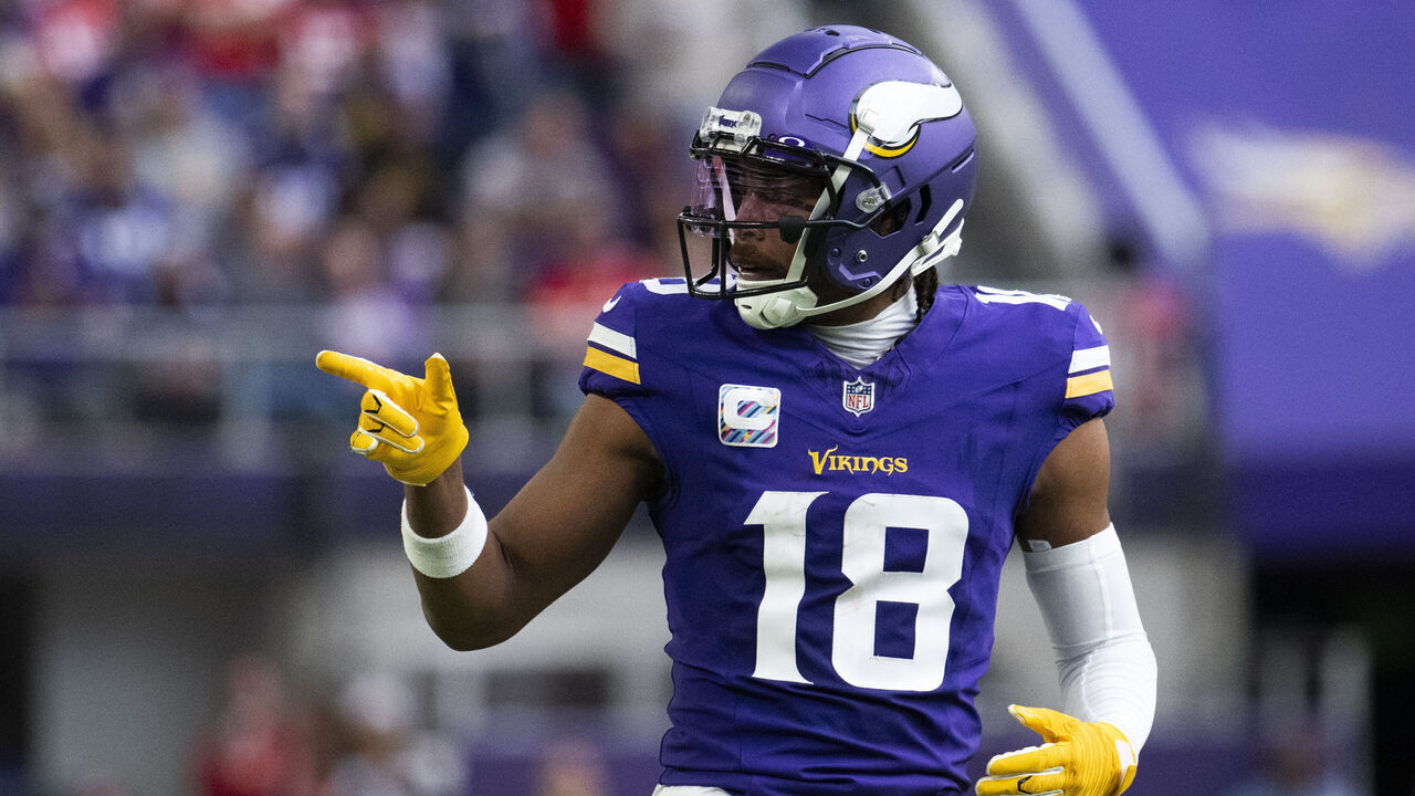 MINNEAPOLIS, MINNESOTA - OCTOBER 8: Justin Jefferson #18 of the Minnesota Vikings lines up for a play in the second quarter of the game against the Kansas City Chiefs at U.S. Bank Stadium on October 8, 2023 in Minneapolis, Minnesota.