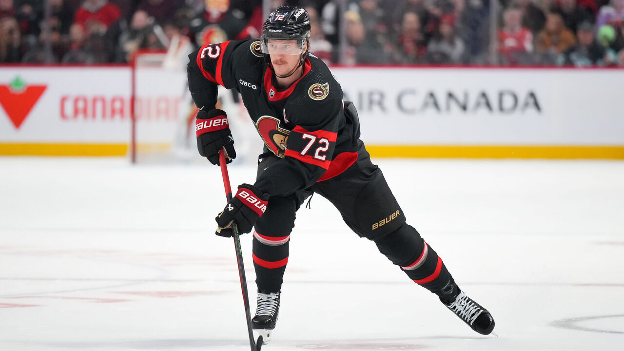 OTTAWA, CANADA - DECEMBER 2: Thomas Chabot #72 of the Ottawa Senators skates against the Seattle Kraken at Canadian Tire Centre on December 2, 2023 in Ottawa, Ontario, Canada.
