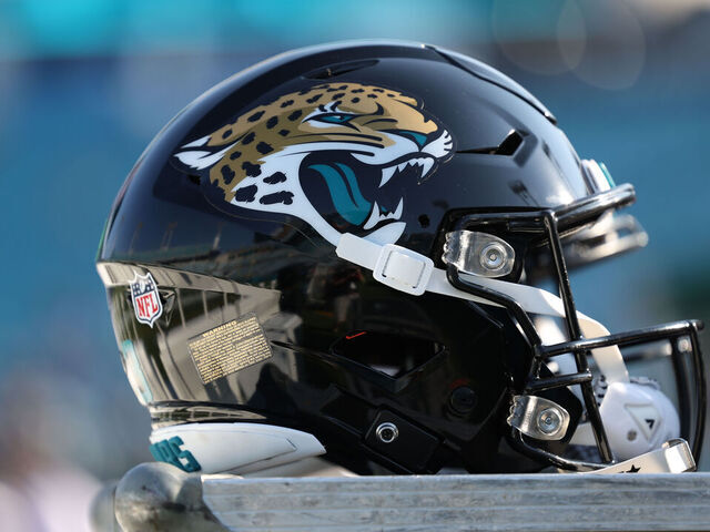 JACKSONVILLE, FL - AUGUST 26: A detail view of a Jacksonville Jaguars helmet on the sideline against the Miami Dolphins prior to a NFL game at EverBank Stadium on Saturday, August 26, 2023 in Jacksonville, Florida.