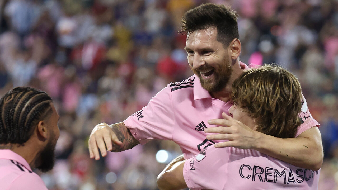 HARRISON, NEW JERSEY - AUGUST 26: Lionel Messi #10 of Inter Miami CF celebrates his goal with DeAndre Yedlin #2 and Benjamin Cremaschi #30 in the second half during a match between Inter Miami CF and New York Red Bulls at Red Bull Arena on August 26, 2023 in Harrison, New Jersey.
