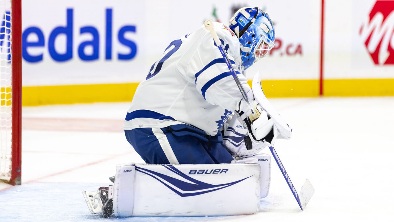 OTTAWA, ON - DECEMBER 07: Toronto Maple Leafs Goalie Joseph Woll (60) makes a save during second period National Hockey League action between the Toronto Maple Leafs and Ottawa Senators on December 7, 2023, at Canadian Tire Centre in Ottawa, ON, Canada.