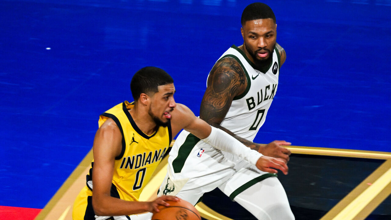 LAS VEGAS, NEVADA - DECEMBER 7: Tyrese Haliburton (0) of Indiana Pacers in action against Damian Lillard (0) of Milwaukee Bucks during NBA In-Season Tournament Semifinals game between Milwaukee Bucks and Indiana Pacers at the T-Mobile Arena in Las Vegas, Nevada, United States on December 7, 2023.