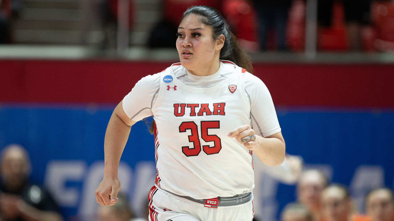 SALT LAKE CITY, UT- MARCH 19: Alissa Pili #35 of the Utah Utes runs up the court against the Princeton Tigers during the second half of the second round of the NCAA Womens Basketball Tournament at the Jon M Huntsman Center March 19, 2023 in Salt Lake City, Utah.