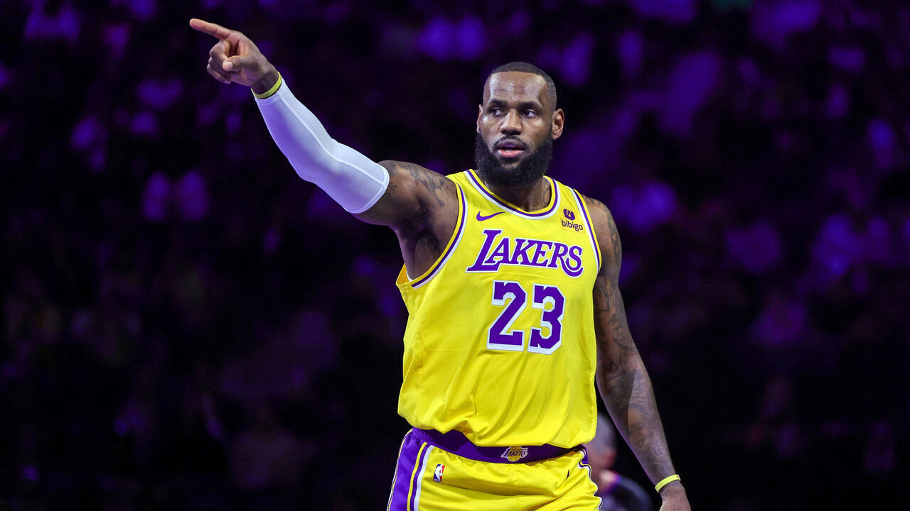 LAS VEGAS, NEVADA - DECEMBER 07: LeBron James #23 of the Los Angeles Lakers gestures in the first half of the West semifinal game of the inaugural NBA In-Season Tournament against the New Orleans Pelicans at T-Mobile Arena on December 07, 2023 in Las Vegas, Nevada.
