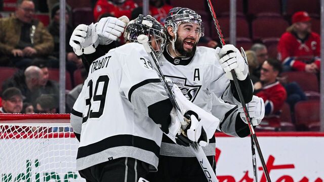 MONTREAL, QC - DECEMBER 07: Los Angeles Kings defenseman Drew Doughty (8) celebrates the win with Los Angeles Kings goalie Cam Talbot (39) during the Los Angeles Kings versus the Montreal Canadiens game on December 7, 2023, at Bell Centre in Montreal, QC