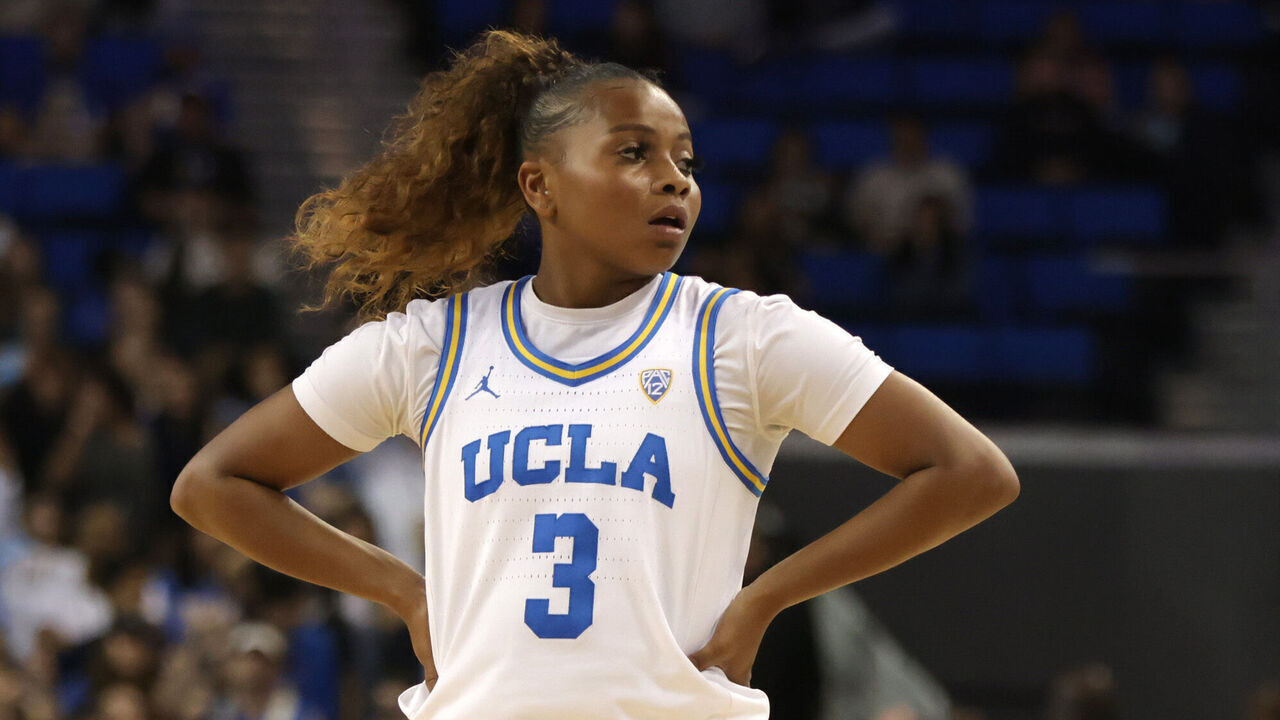LOS ANGELES, CALIFORNIA - NOVEMBER 06: Londynn Jones #3 of the UCLA Bruins looks on during a game against the Purdue Boilermakers at UCLA Pauley Pavilion on November 06, 2023 in Los Angeles, California.