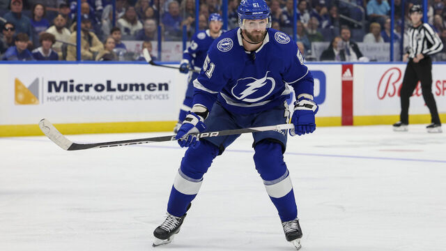 TAMPA, FL - NOVEMBER 22: Austin Watson #51 of the Tampa Bay Lightning against the Winnipeg Jets during the third period at Amalie Arena on November 22, 2023 in Tampa, Florida.