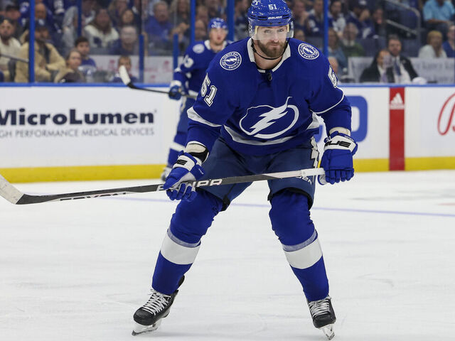 TAMPA, FL - NOVEMBER 22: Austin Watson #51 of the Tampa Bay Lightning against the Winnipeg Jets during the third period at Amalie Arena on November 22, 2023 in Tampa, Florida.