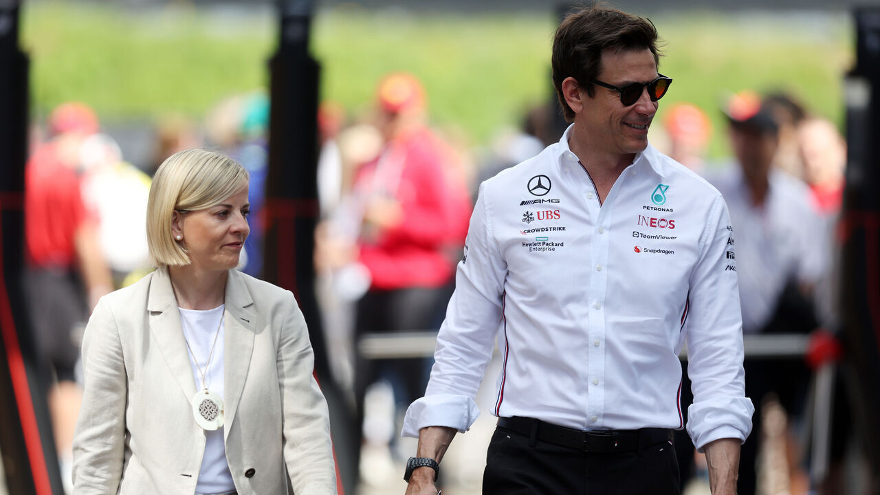 SPIELBERG, AUSTRIA - JULY 02: Mercedes GP Executive Director Toto Wolff and Susie Wolff walk in the Paddock prior to the F1 Grand Prix of Austria at Red Bull Ring on July 02, 2023 in Spielberg, Austria.