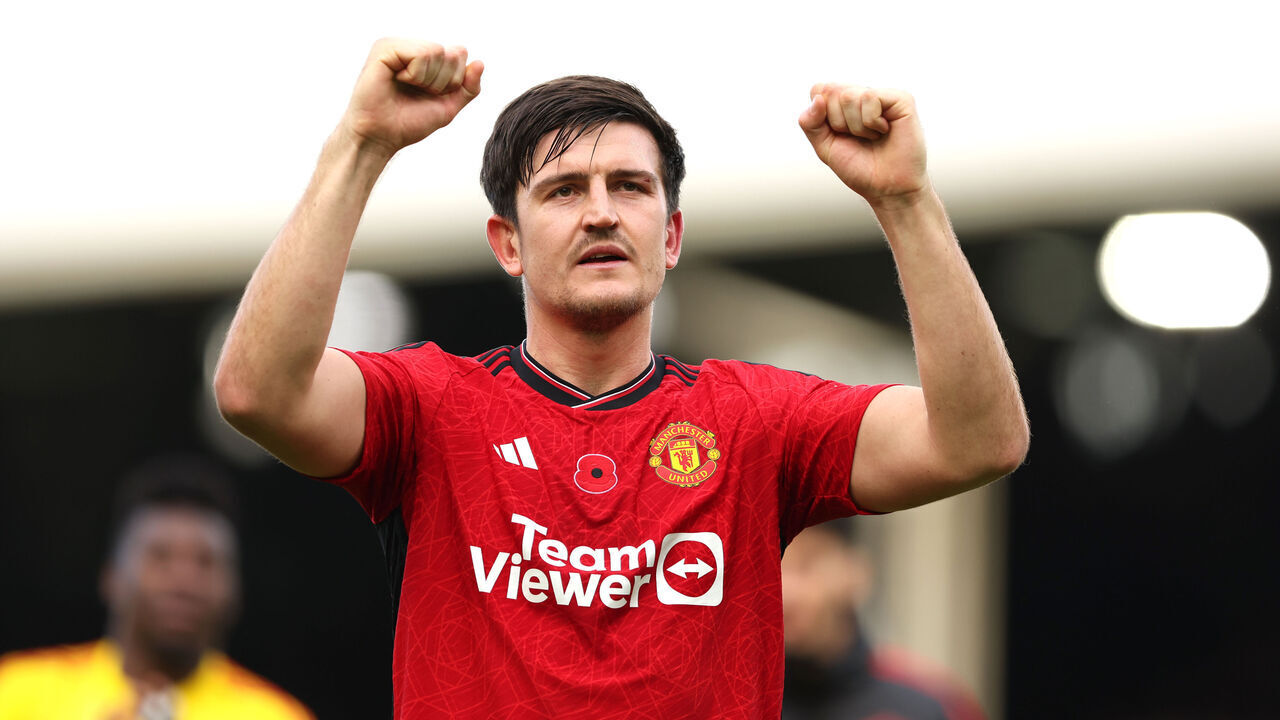 Manchester United's Harry Maguire celebrates after the final whistle in the Premier League match at Craven Cottage, London. Picture date: Saturday November 4, 2023.