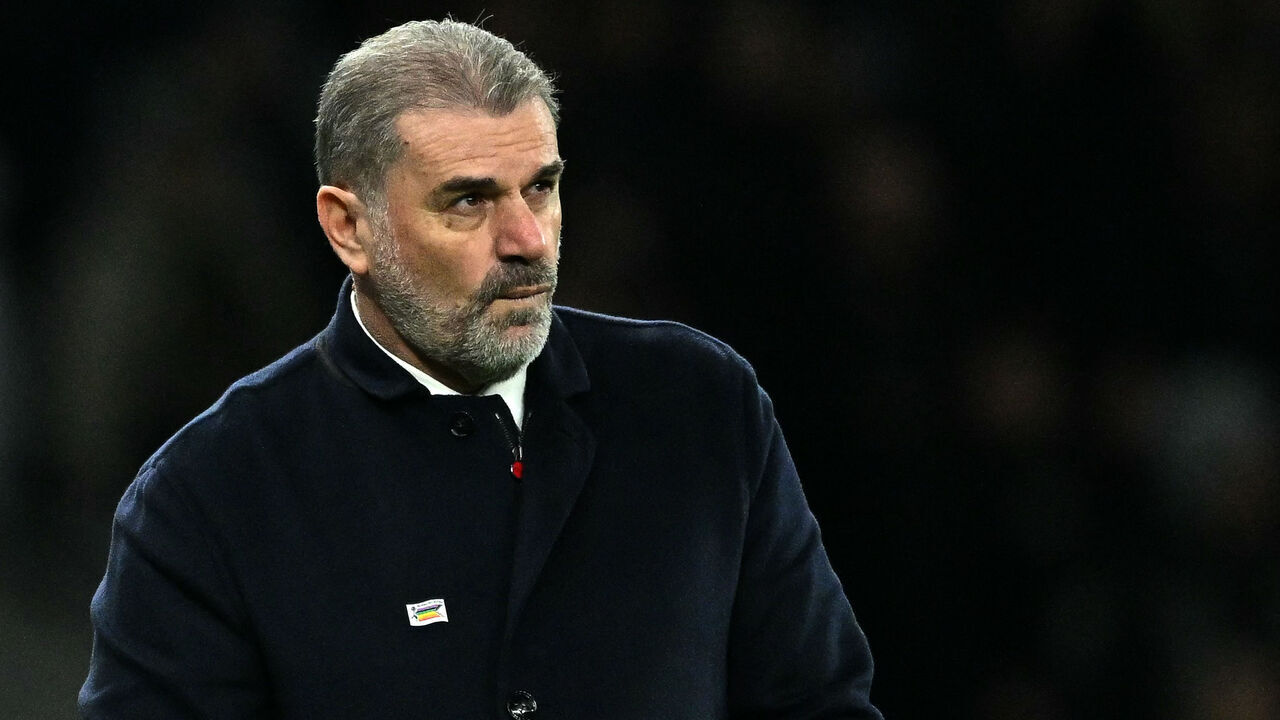 Tottenham Hotspur's Greek-Australian Head Coach Ange Postecoglou reacts during the English Premier League football match between Tottenham Hotspur and West Ham United at Tottenham Hotspur Stadium in London, on December 7, 2023.