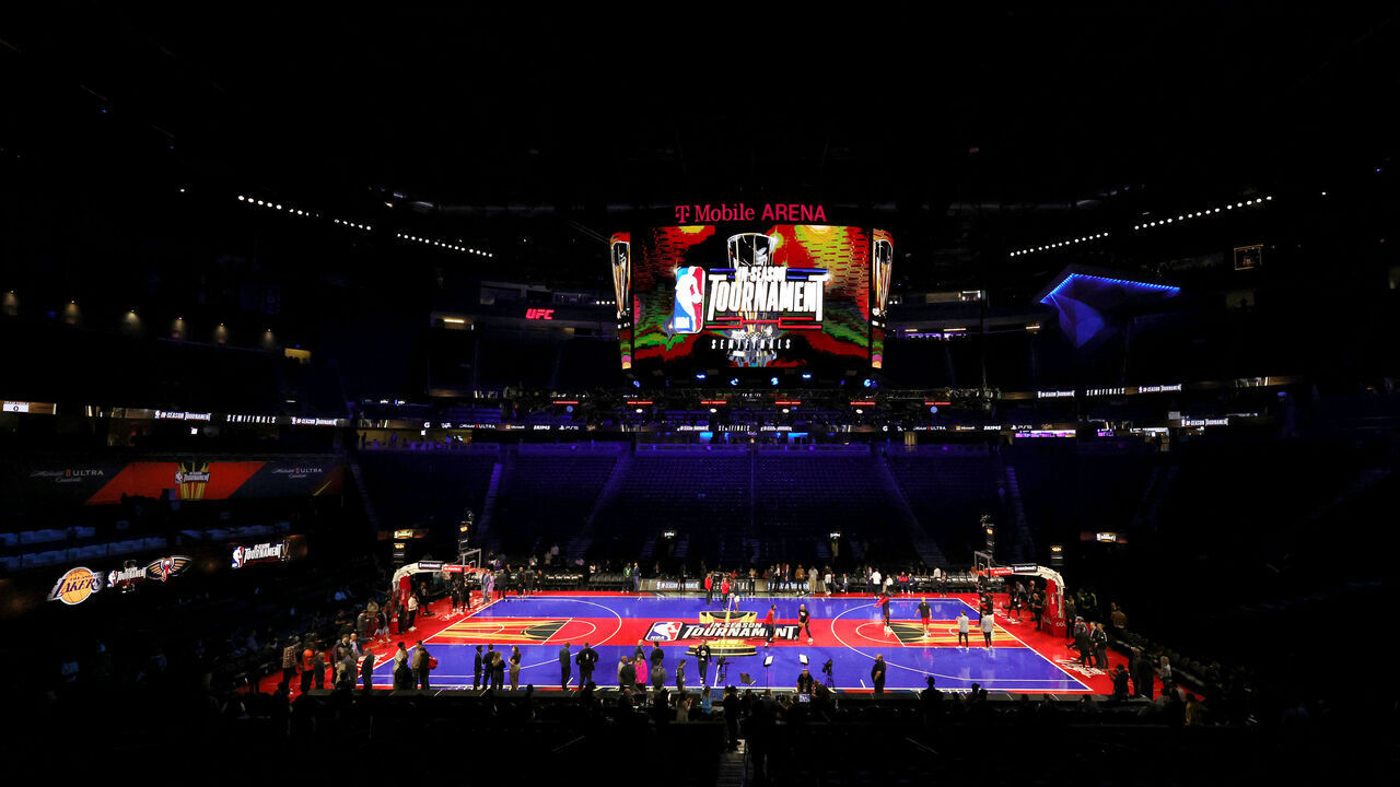 LAS VEGAS, NEVADA - DECEMBER 07: A general view shows the court before the West semifinal game of the inaugural NBA In-Season Tournament between the New Orleans Pelicans and the Los Angeles Lakers at T-Mobile Arena on December 07, 2023 in Las Vegas, Nevada. The Lakers defeated the Pelicans 133-89.