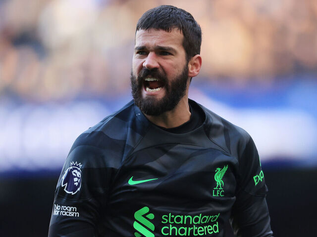 MANCHESTER, ENGLAND - NOVEMBER 25: Liverpool goalkeeper Alisson Becker shouts during the Premier League match between Manchester City and Liverpool FC at Etihad Stadium on November 25, 2023 in Manchester, England.