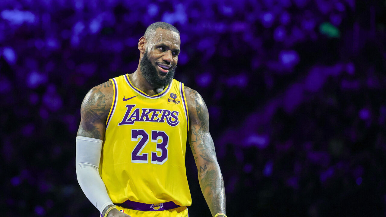LAS VEGAS, NEVADA - DECEMBER 07: LeBron James #23 of the Los Angeles Lakers smiles after scoring against the New Orleans Pelicans in the second half of the West semifinal game of the inaugural NBA In-Season Tournament at T-Mobile Arena on December 07, 2023 in Las Vegas, Nevada. The Lakers defeated the Pelicans 133-89.