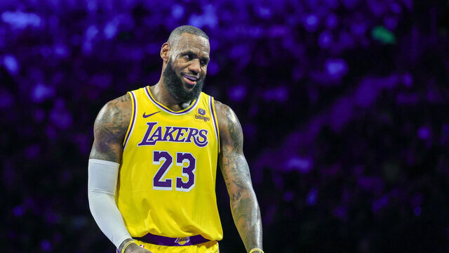 LAS VEGAS, NEVADA - DECEMBER 07: LeBron James #23 of the Los Angeles Lakers smiles after scoring against the New Orleans Pelicans in the second half of the West semifinal game of the inaugural NBA In-Season Tournament at T-Mobile Arena on December 07, 2023 in Las Vegas, Nevada. The Lakers defeated the Pelicans 133-89.