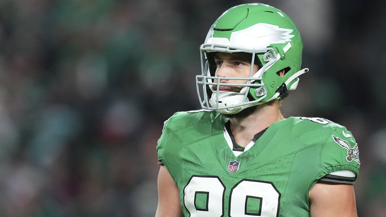 PHILADELPHIA, PENNSYLVANIA - OCTOBER 22: Dallas Goedert #88 of the Philadelphia Eagles looks on against the Miami Dolphins at Lincoln Financial Field on October 22, 2023 in Philadelphia, Pennsylvania.