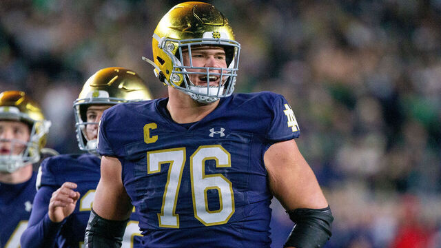 SOUTH BEND, IN - NOVEMBER 18: Joe Alt #76 of Notre Dame reacts after a play during a game between Wake Forest University and University of Notre Dame at Notre Dame Stadium on November 18, 2023 in South Bend, Indiana.