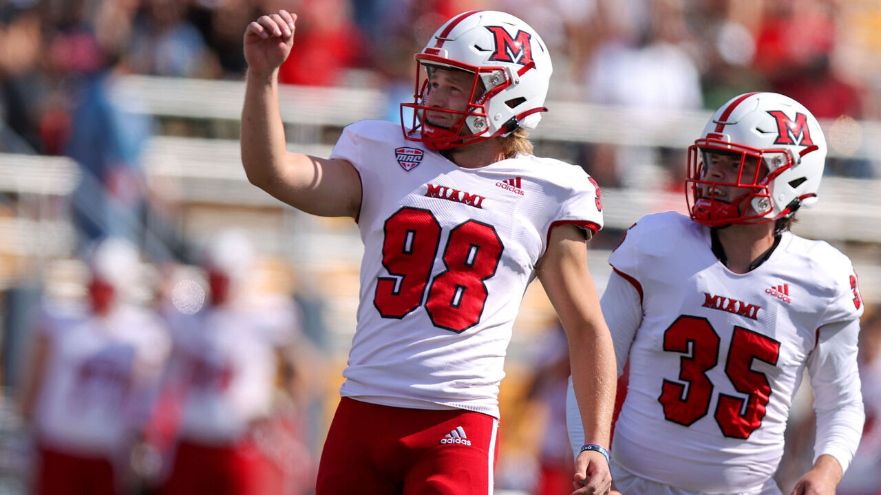 KENT, OH - SEPTEMBER 30: Miami RedHawks placekicker Graham Nicholson (98) kicks a 40-yard field goal during the first quarter of the college football game between the Miami (OH) RedHawks and and Kent State Golden Flashes on September 30, 2023, at Dix Stadium in Kent, OH.