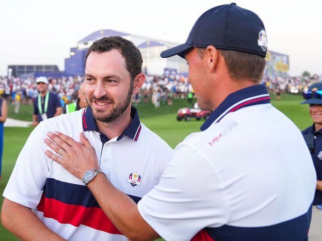 ROME, ITALY - SEPTEMBER 30: Jordan Spieth of Team United States shakes hands with Patrick Cantlay of Team United States after a match-winning putt on the 18th hole during the Ryder Cup at Marco Simone Golf & Country Club on Saturday, September 30, 2023 in Rome, Italy.