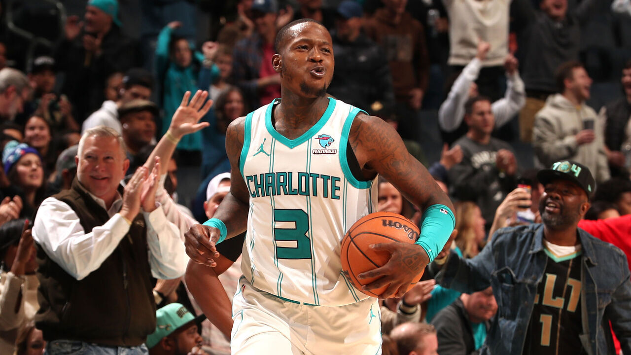 CHARLOTTE, NC - DECEMBER 8: Terry Rozier #3 of the Charlotte Hornets celebrates during the game against the Toronto Raptors on December 8, 2023 at Spectrum Center in Charlotte, North Carolina. Mandatory Copyright Notice: Copyright 2023 NBAE