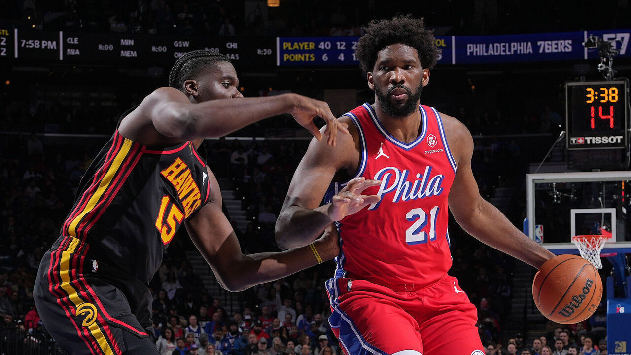 PHILADELPHIA, PA - DECEMBER 8: Joel Embiid #21 of the Philadelphia 76ers dribbles the ball during the game against the Atlanta Hawks on December 8, 2023 at the Wells Fargo Center in Philadelphia, Pennsylvania NOTE TO USER: User expressly acknowledges and agrees that, by downloading and/or using this Photograph, user is consenting to the terms and conditions of the Getty Images License Agreement. Mandatory Copyright Notice: Copyright 2023 NBAE