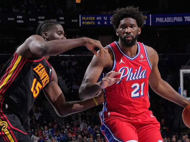 PHILADELPHIA, PA - DECEMBER 8: Joel Embiid #21 of the Philadelphia 76ers dribbles the ball during the game against the Atlanta Hawks on December 8, 2023 at the Wells Fargo Center in Philadelphia, Pennsylvania NOTE TO USER: User expressly acknowledges and agrees that, by downloading and/or using this Photograph, user is consenting to the terms and conditions of the Getty Images License Agreement. Mandatory Copyright Notice: Copyright 2023 NBAE