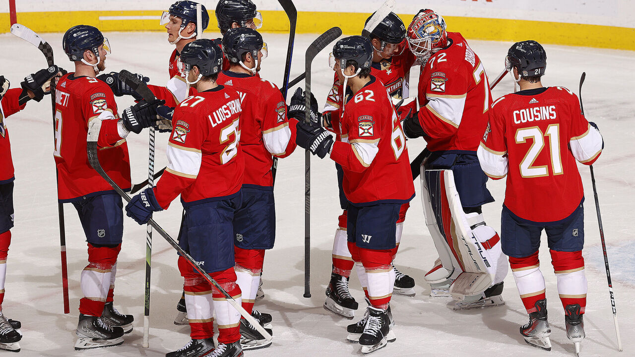 SUNRISE, FLORIDA - DECEMBER 8: The Florida Panthers celebrate their 3-1 win over the Pittsburgh Penguins at the Amerant Bank Arena on December 8, 2023 in Sunrise, Florida.