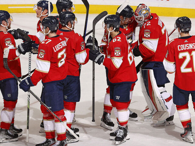 SUNRISE, FLORIDA - DECEMBER 8: The Florida Panthers celebrate their 3-1 win over the Pittsburgh Penguins at the Amerant Bank Arena on December 8, 2023 in Sunrise, Florida.