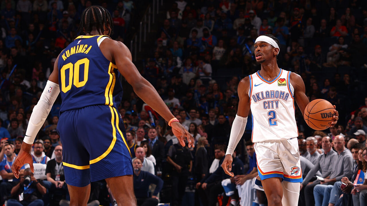 OKLAHOMA CITY, OK - DECEMBER 8: Shai Gilgeous-Alexander #2 of the Oklahoma City Thunder dribbles the ball during the game against the Golden State Warriors on December 8, 2023 at Paycom Arena in Oklahoma City, Oklahoma. Mandatory Copyright Notice: Copyright 2023 NBAE
