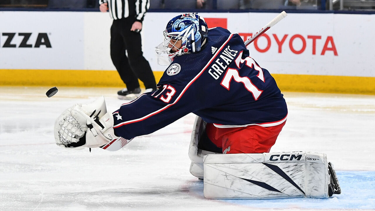 COLUMBUS, OHIO - DECEMBER 8: Goaltender Jet Greaves #73 of the Columbus Blue Jackets reaches for the puck during the second period of a game against the St. Louis Blues at Nationwide Arena on December 8, 2023 in Columbus, Ohio.