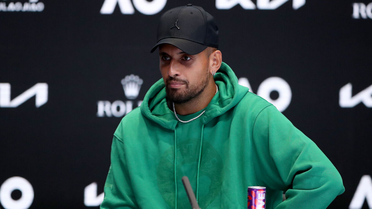 MELBOURNE, AUSTRALIA - JANUARY 14: Nick Kyrgios of Australia speaks during a press conference during a practice session ahead of the 2023 Australian Open at Melbourne Park on January 14, 2023 in Melbourne, Australia.