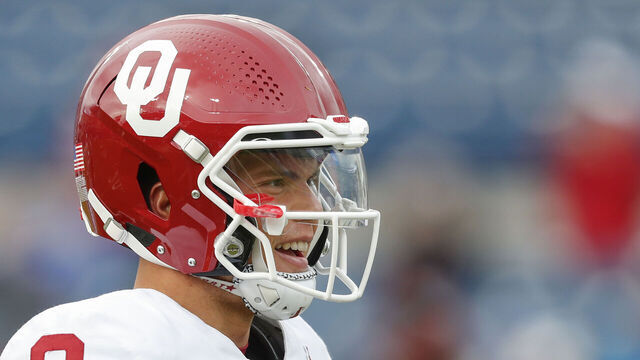 PROVO, UT - NOVEMBER 18: Dillon Gabriel #8 of the Oklahoma Sooners warms up before their game agaisnt the Brigham Young Cougars at LaVell Edwards Stadium on November 18, 2023 in Provo, Utah.