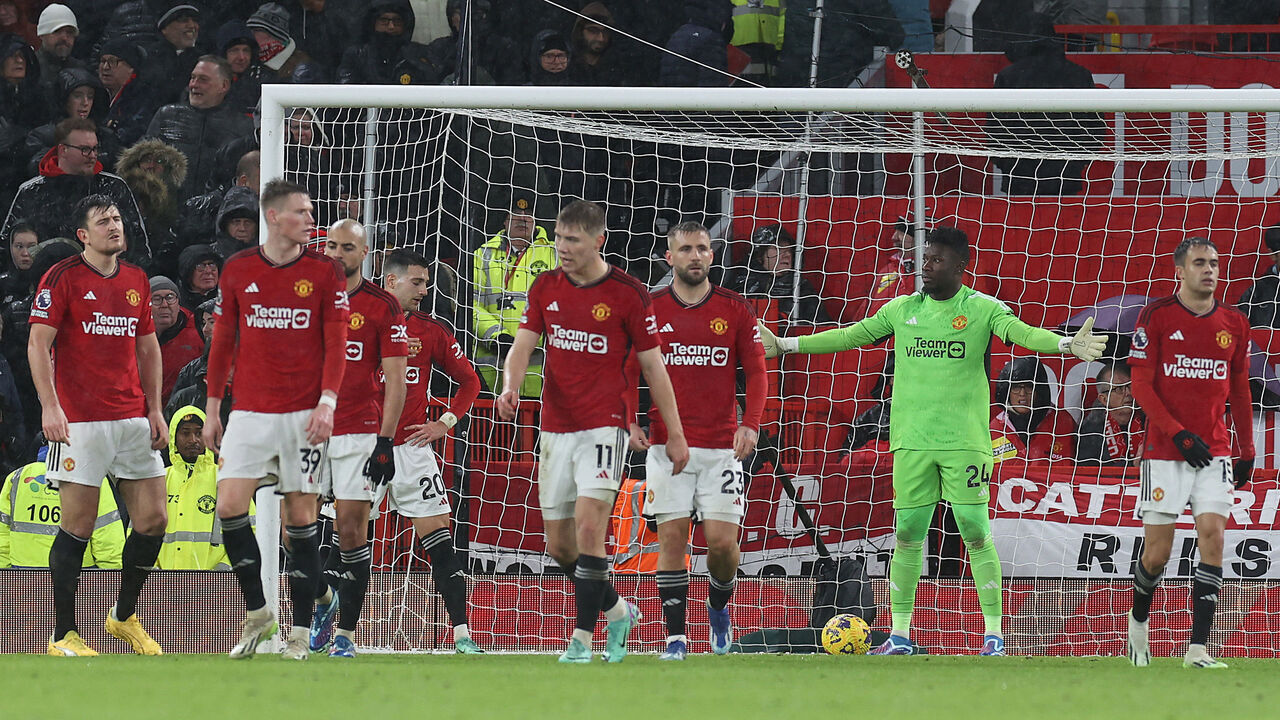 MANCHESTER, ENGLAND - DECEMBER 09: Harry Maguire, Scott McTominay, Sofyan Amrabat, Rasmus Hojlund, Luke Shaw, Andre Onana, Sergio Reguilon of Manchester United react to conceding a goal to Marcos Senesi of AFC Bournemouth during the Premier League match between Manchester United and AFC Bournemouth at Old Trafford on December 09, 2023 in Manchester, England.