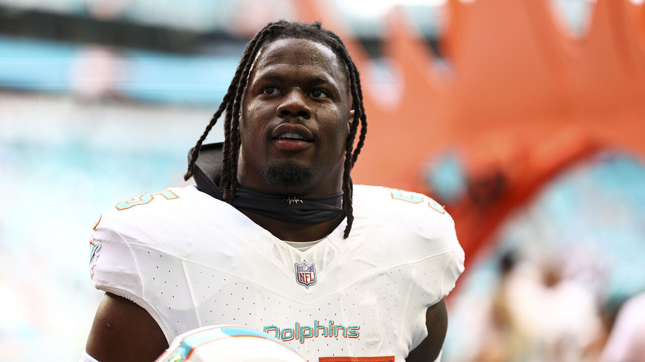 MIAMI GARDENS, FL - NOVEMBER 19: Jerome Baker #55 of the Miami Dolphins walks to the locker room prior to an NFL football game against the Las Vegas Raiders at Hard Rock Stadium on November 19, 2023 in Miami Gardens, Florida.