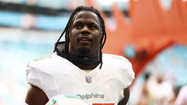 MIAMI GARDENS, FL - NOVEMBER 19: Jerome Baker #55 of the Miami Dolphins walks to the locker room prior to an NFL football game against the Las Vegas Raiders at Hard Rock Stadium on November 19, 2023 in Miami Gardens, Florida.