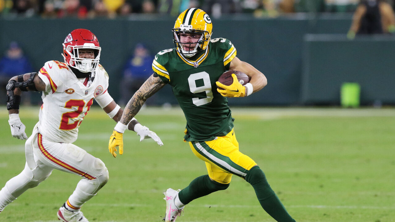 GREEN BAY, WI - DECEMBER 03: Green Bay Packers wide receiver Christian Watson (9) runs with the ball during a game between the Green Bay Packers and the Kansas City Chiefs at Lambeau Field on December 3, 2023 in Green Bay, WI.
