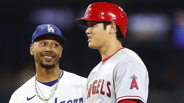 LOS ANGELES, CALIFORNIA - JULY 07: Mookie Betts #50 of the Los Angeles Dodgers and Shohei Ohtani #17 of the Los Angeles Angels in the fourth inning at Dodger Stadium on July 07, 2023 in Los Angeles, California.