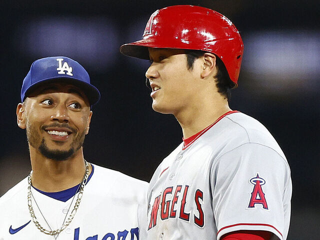 LOS ANGELES, CALIFORNIA - JULY 07: Mookie Betts #50 of the Los Angeles Dodgers and Shohei Ohtani #17 of the Los Angeles Angels in the fourth inning at Dodger Stadium on July 07, 2023 in Los Angeles, California.