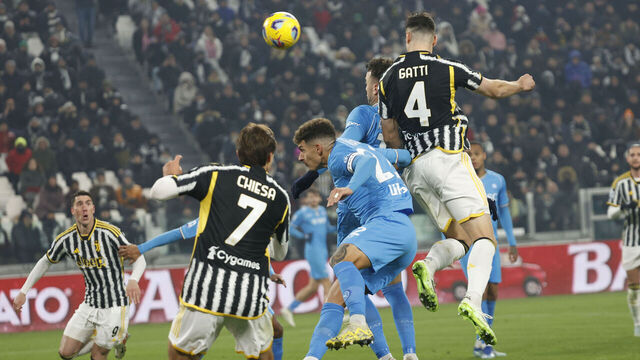 Federico Gatti of Juventus is scoring his first goal in the Serie A soccer match between Juventus FC and SSC Napoli at the Allianz Stadium in Turin, Italy, on December 8, 2023.