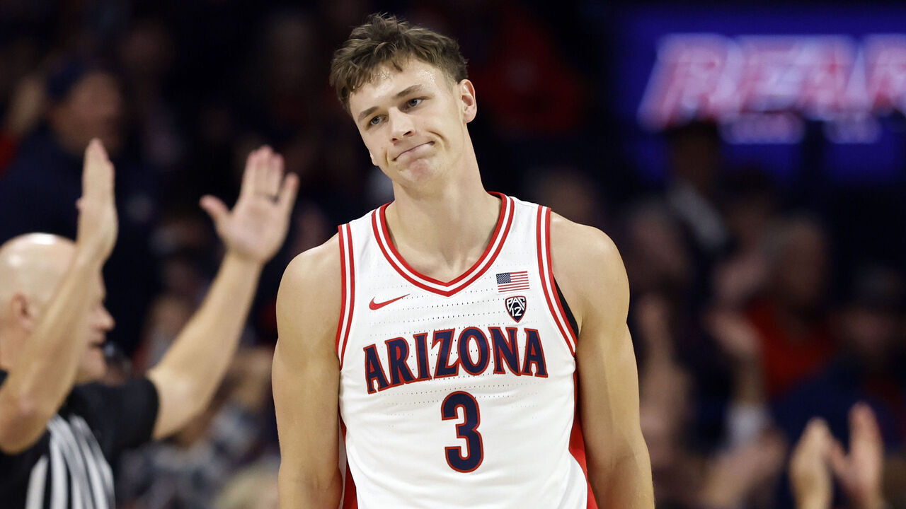 TUCSON, ARIZONA - DECEMBER 09: Pelle Larsson #3 of the Arizona Wildcats reacts after hitting a three point basket during the first half against the Wisconsin Badgers at McKale Center on December 09, 2023 in Tucson, Arizona.