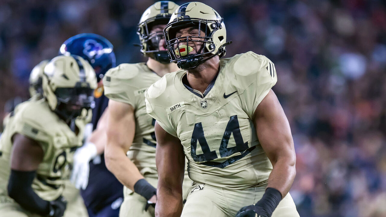 FOXBOROUGH, MASSACHUSETTS - DECEMBER 9: Nathaniel Smith #44 of the Army Black Knights celebrates a sack in the second quarter against the Navy Midshipmen at Gillette Stadium on December 9, 2023 in Foxborough, Massachusetts.