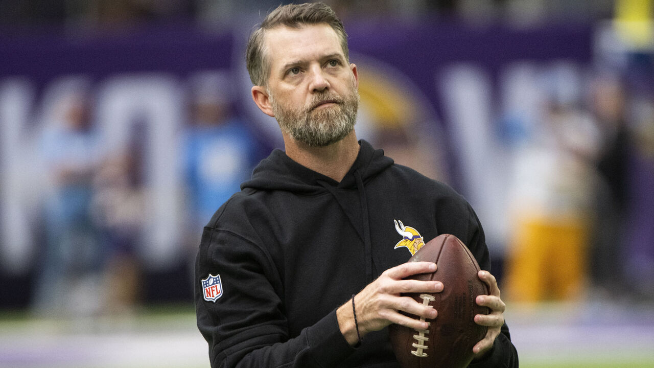 MINNEAPOLIS, MINNESOTA - SEPTEMBER 24: Minnesota Vikings offensive coordinator Wes Phillips throws a ball on the field before the game against the Los Angeles Chargers at U.S. Bank Stadium on September 24, 2023 in Minneapolis, Minnesota.
