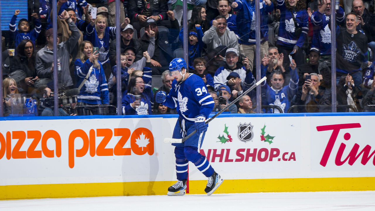 TORONTO, ON - DECEMBER 9: Auston Matthews #34 of the Toronto Maple Leafs celebrates his goal against the Nashville Predators during the second period at the Scotiabank Arena on December 9, 2023 in Toronto, Ontario, Canada.