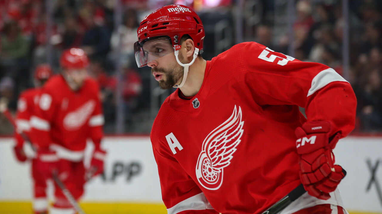 DETROIT, MI - NOVEMBER 11: Detroit Red Wings forward David Perron (57) looks on during the first period of an NHL regular season hockey game between the Columbus Blue Jackets and the Detroit Red Wings on November 11, 2023 at Little Caesars Arena in Detroit, Michigan.