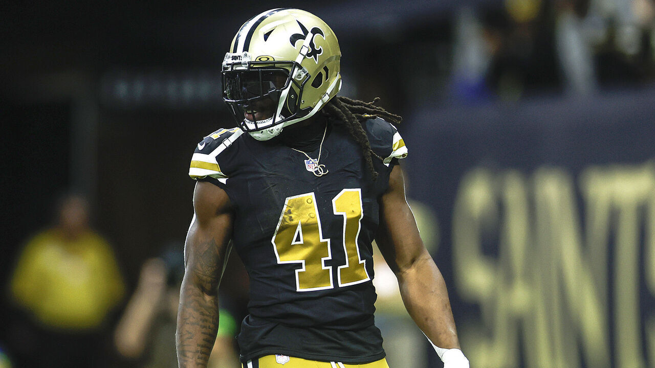 NEW ORLEANS, LOUISIANA - DECEMBER 10: Alvin Kamara #41 of the New Orleans Saints reacts after a touchdown during the second quarter against the Carolina Panthers at Caesars Superdome on December 10, 2023 in New Orleans, Louisiana.