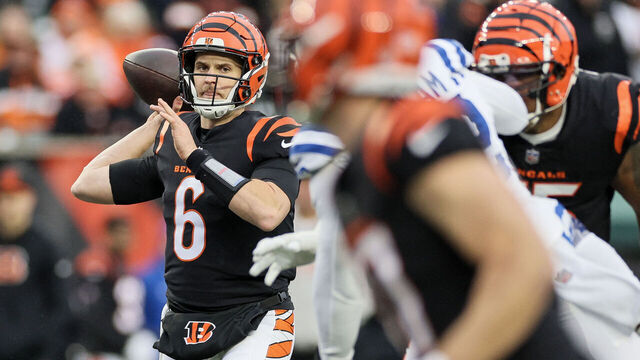 CINCINNATI, OHIO - DECEMBER 10: Jake Browning #6 of the Cincinnati Bengals throws during the second half of the game against the Indianapolis Colts at Paycor Stadium on December 10, 2023 in Cincinnati, Ohio.